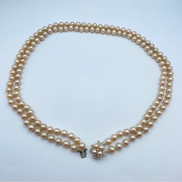Vintage Double Strand 24” Long Champagne Pearl Necklace Floral Crystal Box Clasp - Picture 6 of 9